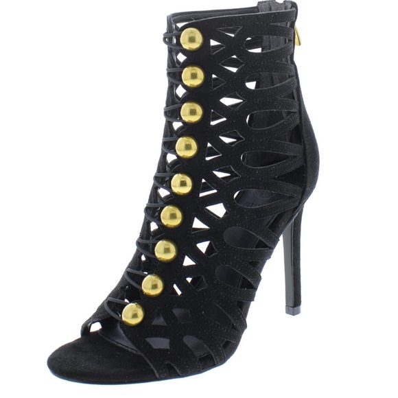 Guess Black Suede Gold Studded High Heel Cutout Shoes GWPERLINA3 Size 8 M - Picture 1 of 9